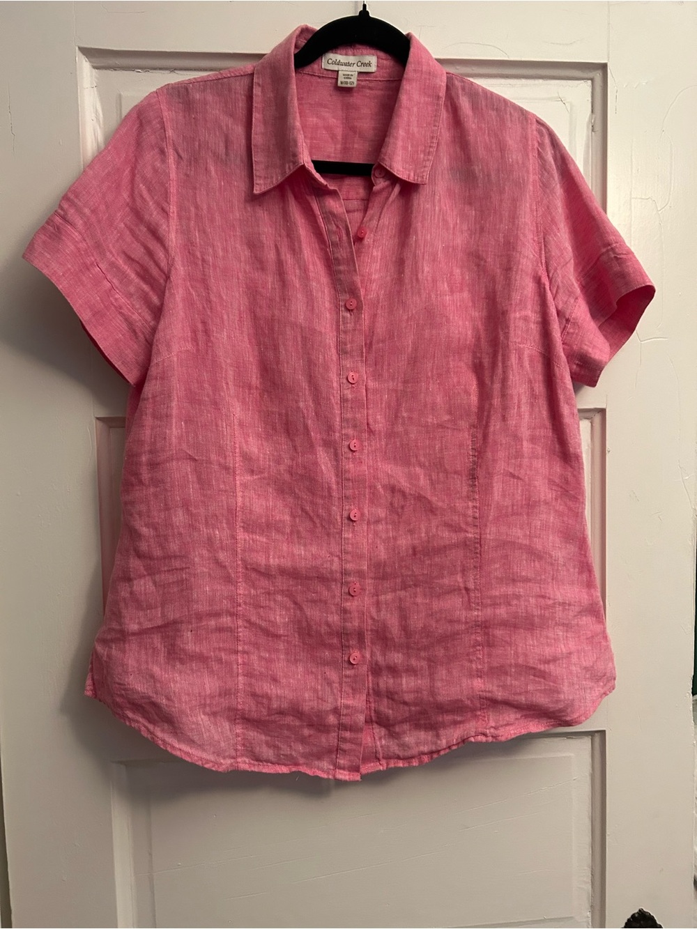LINEN Coldwater Creek Rose-Pink Linen Button-Up Short Sleeve Blouse - Picture 1 of 9